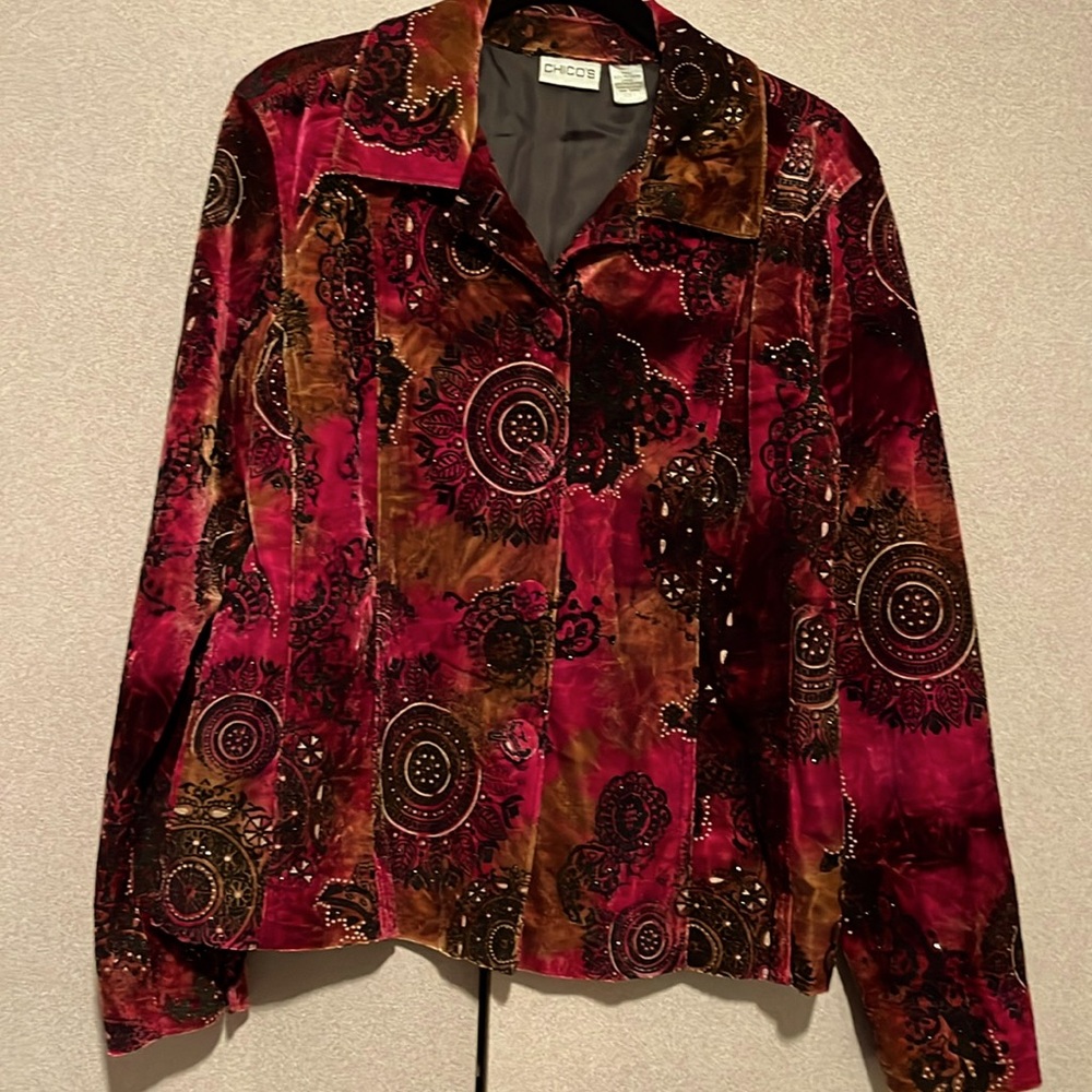 Chicos size 1, velvet feel blazer, deep rich colors with a bit of sparkle.